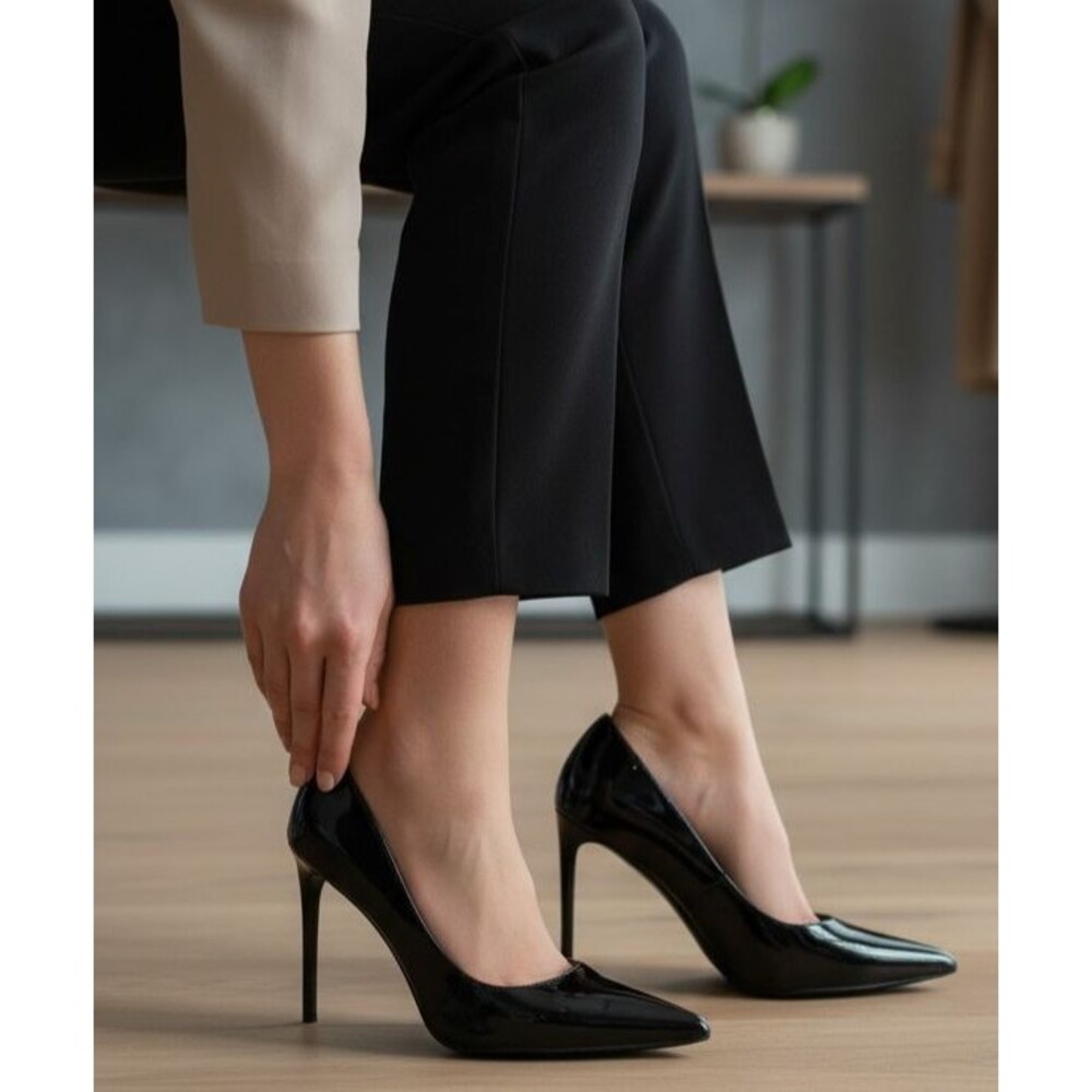 DESIGNER MNG BLACK FAUX PATENT LEATHER POINTED TOE HIGH HEEL PUMPS SHOES 8.M - Picture 7 of 16